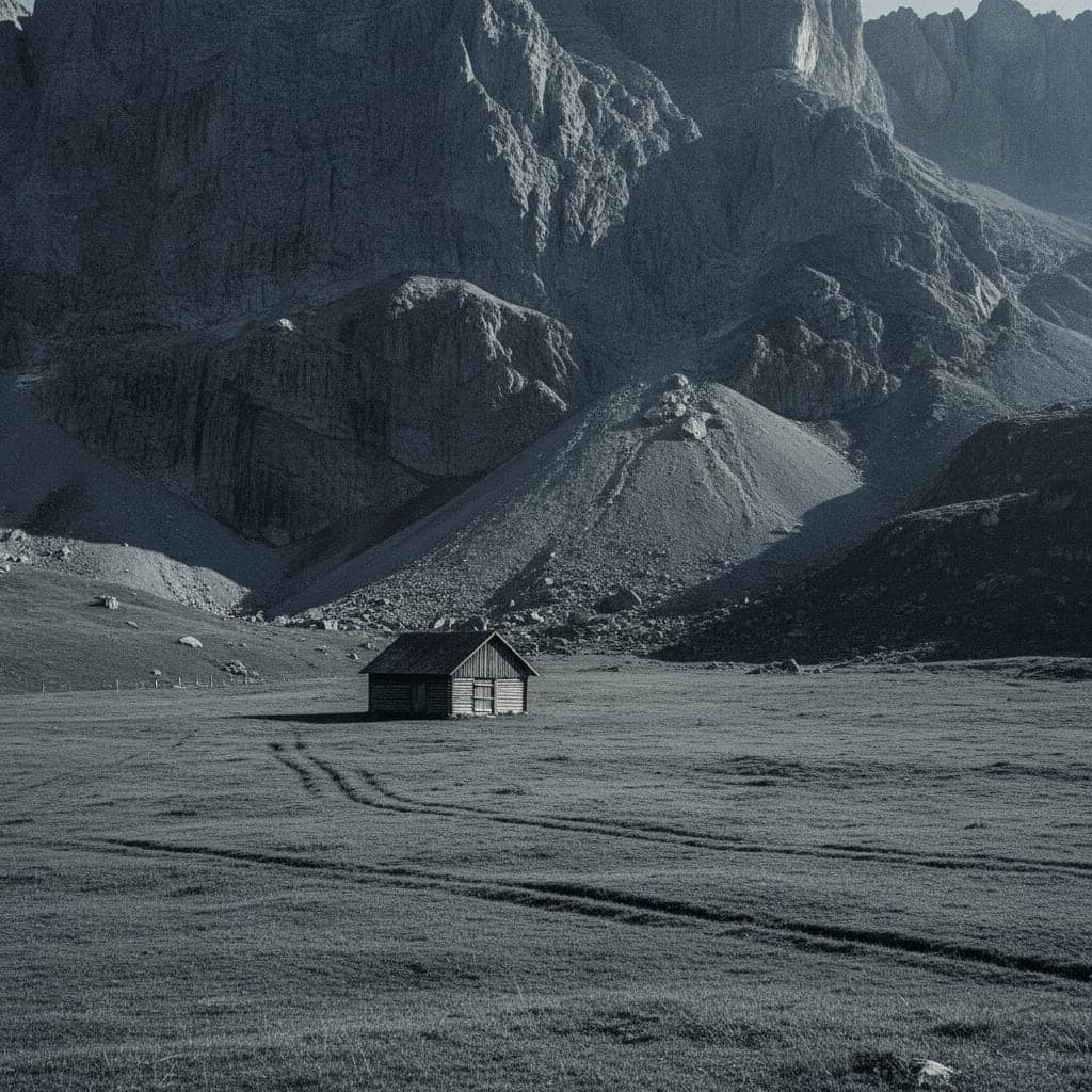 Hochalm mit verwitterter Holzhütte unter einer aufragenden Felswand