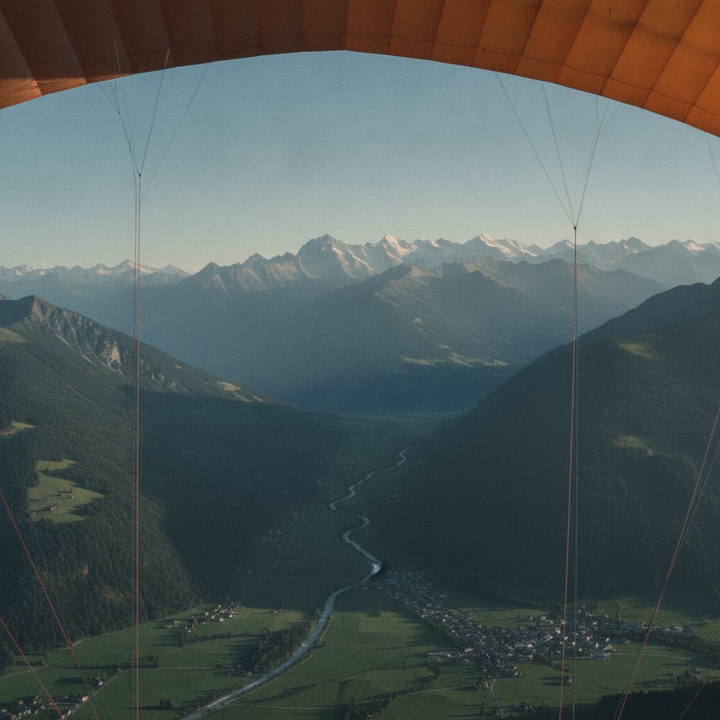 Blick unter der Schirmkante hindurch auf ein Alpental mit Fluss, Wiesen und gestaffelten Gipfeln
