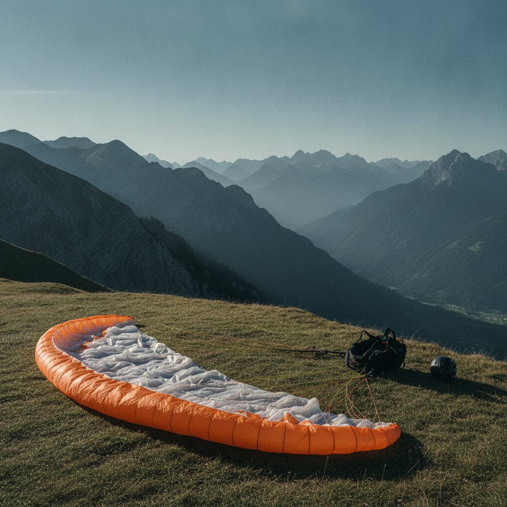 Ein orangefarbener Gleitschirm liegt ausgebreitet auf einer Bergwiese über einem dunstigen Tal
