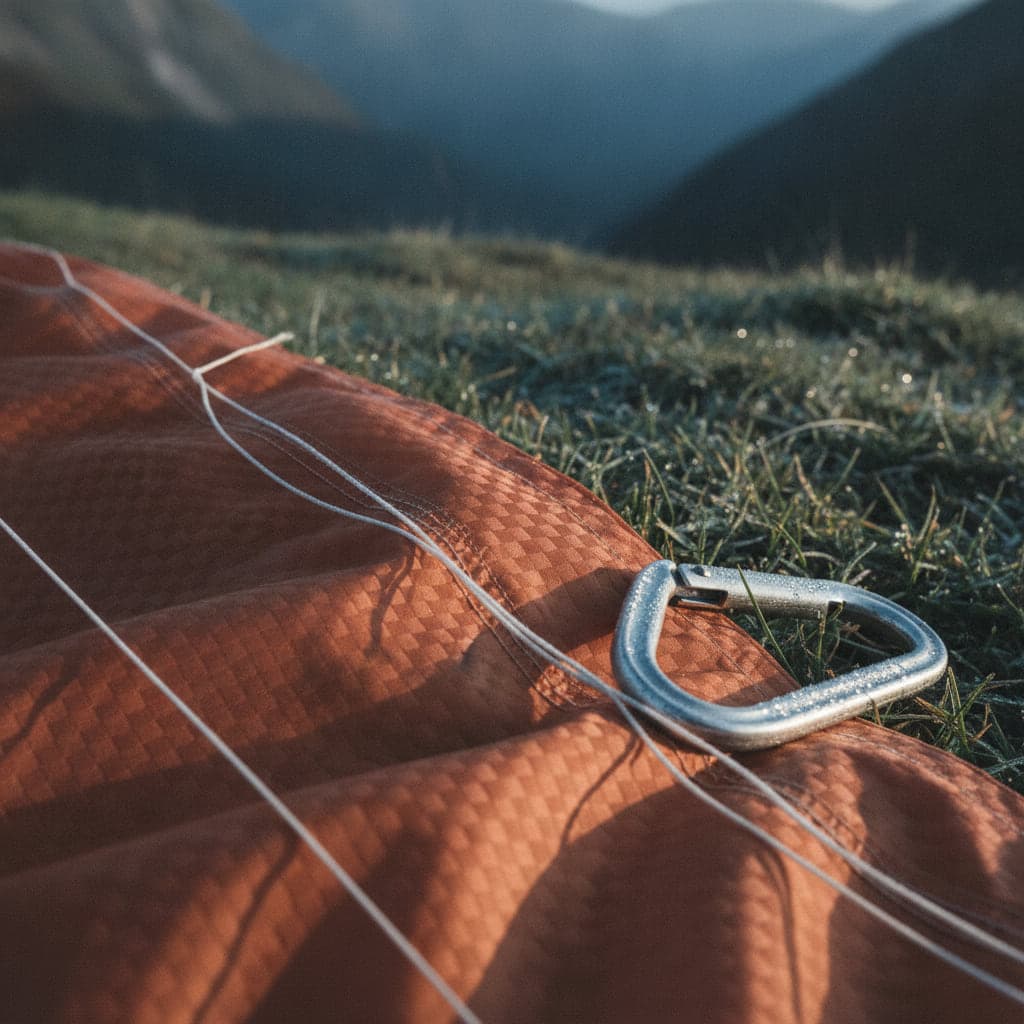 Nahaufnahme von orangefarbenem Schirmtuch, Leinen und einem Karabiner auf taufeuchtem Gras