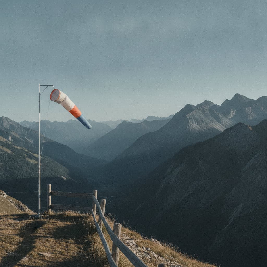 Windsack und Holzzaun an einem hochgelegenen Startplatz über einem tief eingeschnittenen Tal