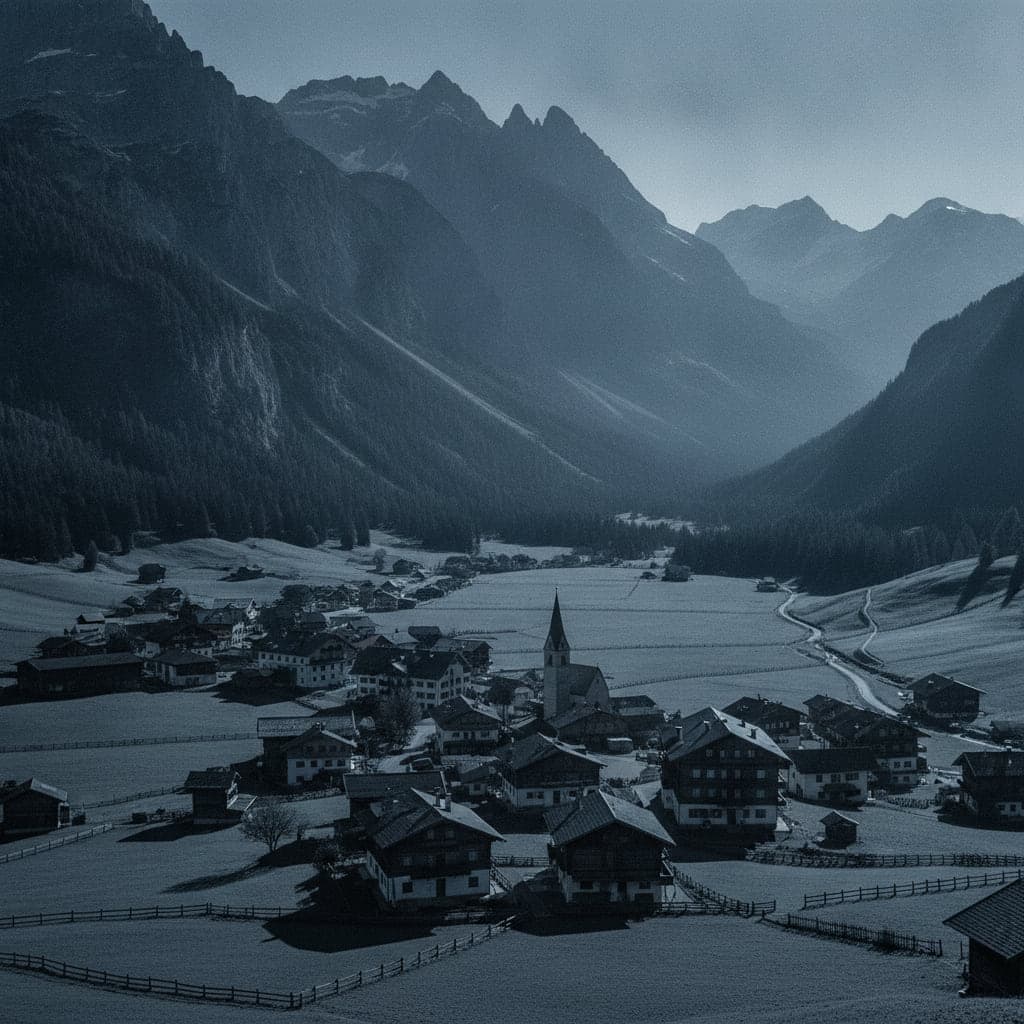 Alpendorf mit Kirchturm in einem breiten Tal, ringsum steile bewaldete Hänge